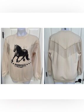 SOCIAL SCENE Nashville TN "Wild West" Rodeo Horse Metal Fringe Sweatshirt sz S